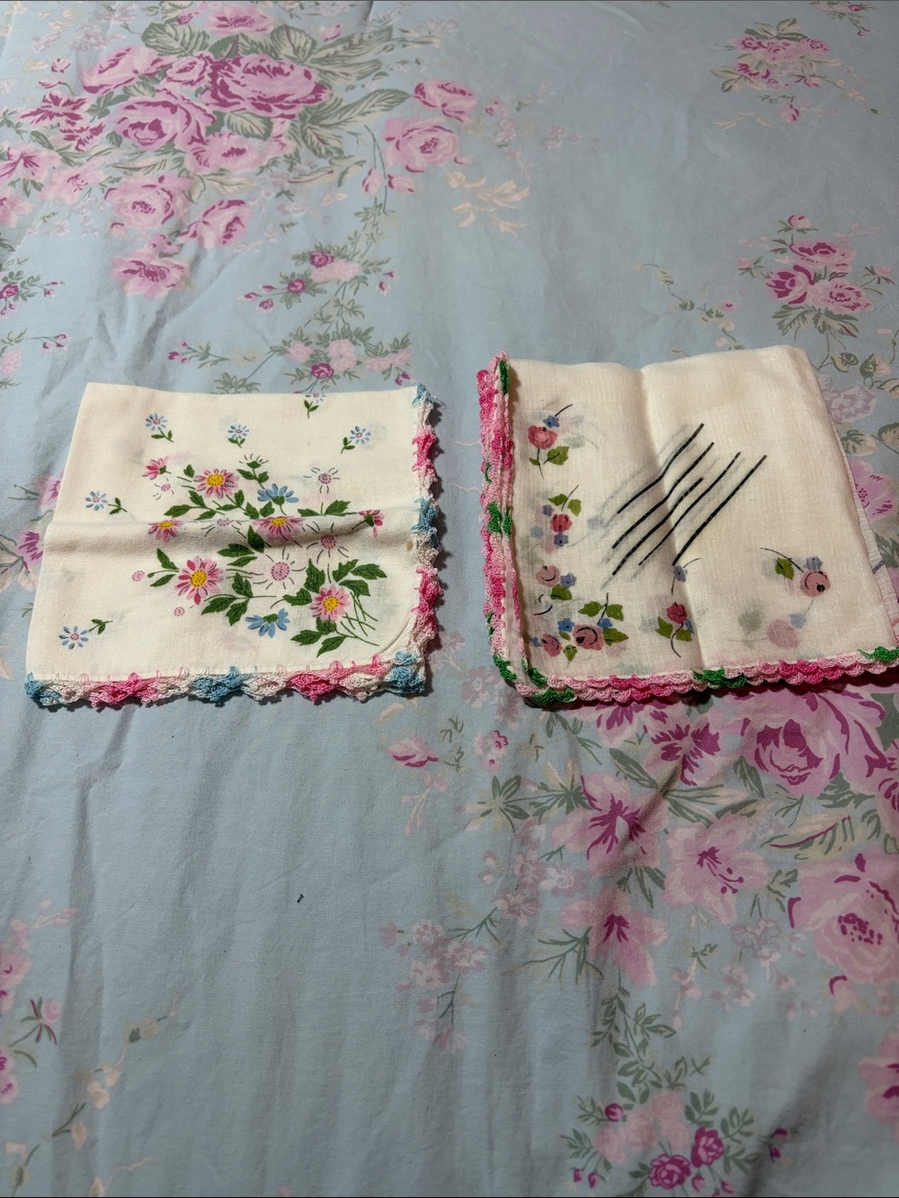 Vintage Floral Crochet-Edged Handkerchiefs - White with Pink & Blue Accents